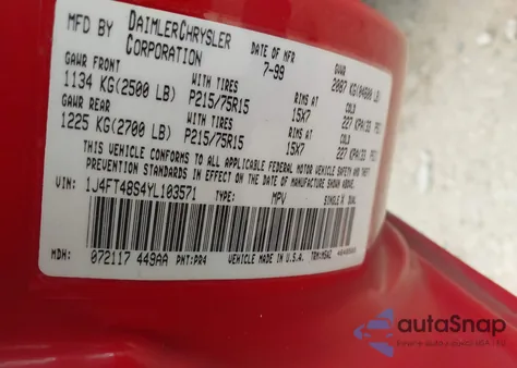 2000 Jeep Cherokee Sport из США, поврежденный, VIN 1J4FT48S4YL103571